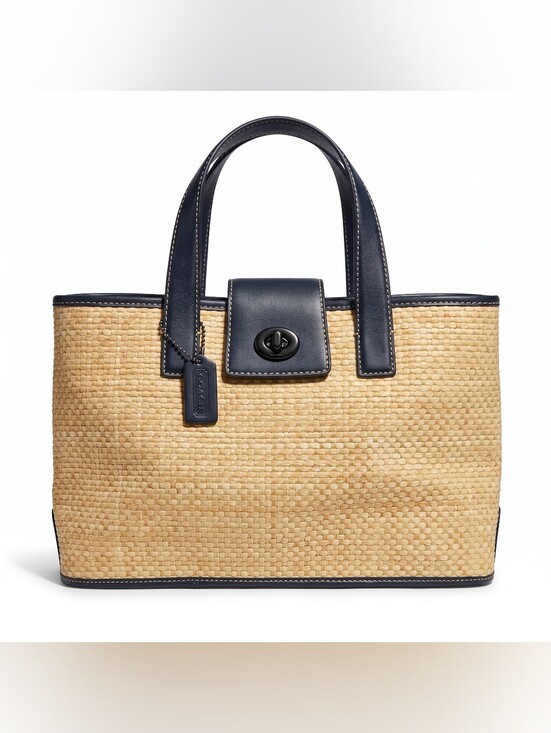 Coach Handbags - Coach Straw Pocket Tote 22904 Navy Leather Woven Turnlock Bag